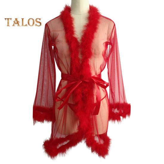 Lady Nightgown Plush Trim Ultra Thin See-through Mesh Ruffle with Adjustable Waist Tie Solid Color Pleated Slutty Pajama Party Wear Sleepwear