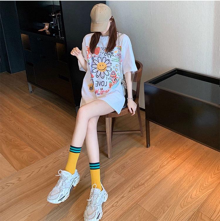 Summer 2026 Korean Style Trendy Cute Graffiti Loose Mid-Length Short-Sleeve T-shirt for Women