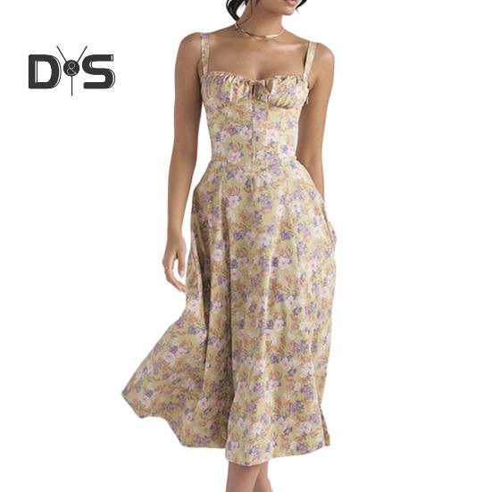 

Женское платье с глубоким вырезом и рукавами на спине с цветочным принтом, с высокой узкой талией и высоким разрезом, летнее платье миди для вечеринки, выпускного вечера, пляжное платье M абрикосовый