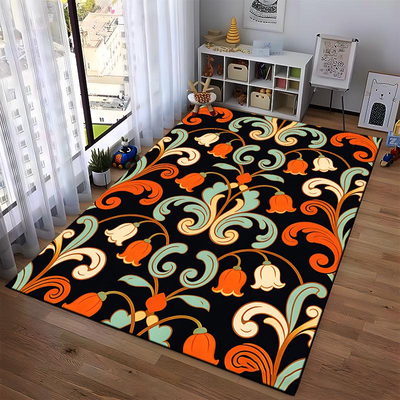 Vintage Floral Pattern Carpet with Orange Bell Flowers on Black Base Suitable for use as an anti-slip for living room bedroom sofas