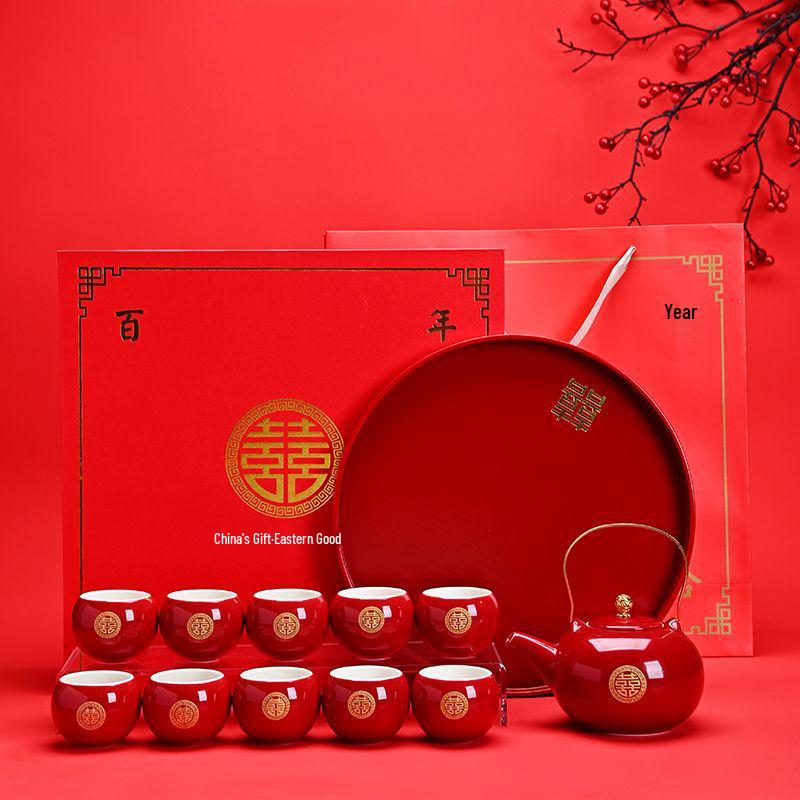 Red Chinese Wedding Tea Set: Complete Gift with Bride's Dowry Tray & Teapot
