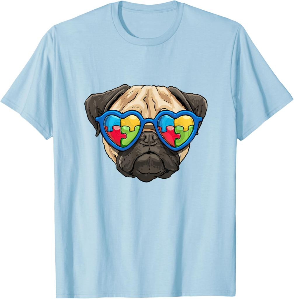 Autism Awareness Pug Dog Heart Puzzle Sunglasses Graphic Tee Casual Cotton T-Shirt for Boys
