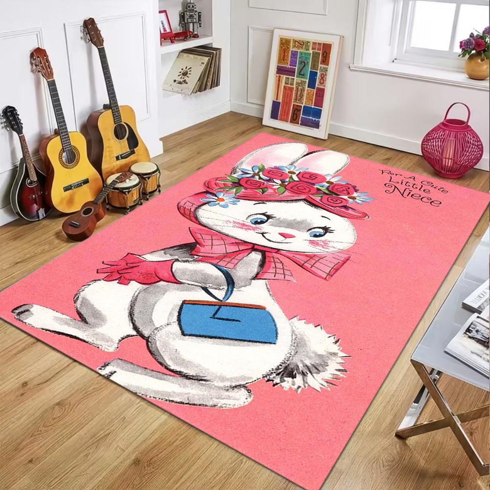 Vintage Farm Rabbit Easter Egg Basket Pattern Carpet Pastoral Festival Decor Non-Slip Soft Mat for Living Room Bedroom