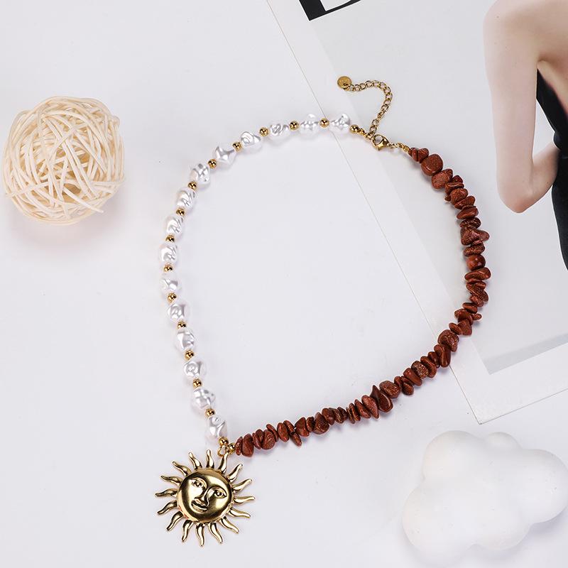 Bohemian Pearl Chip Beaded Sunflower Choker Necklace in Two-Tone Stainless Steel