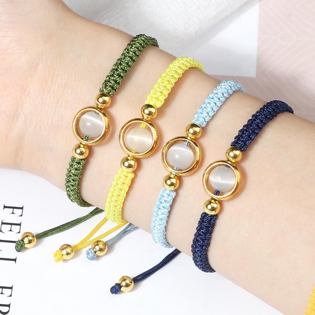 Cat Eye Braided Bracelet Handmade Metal Circle Spacer Chain Adjustable Couple Bracelets Jewelry Gift