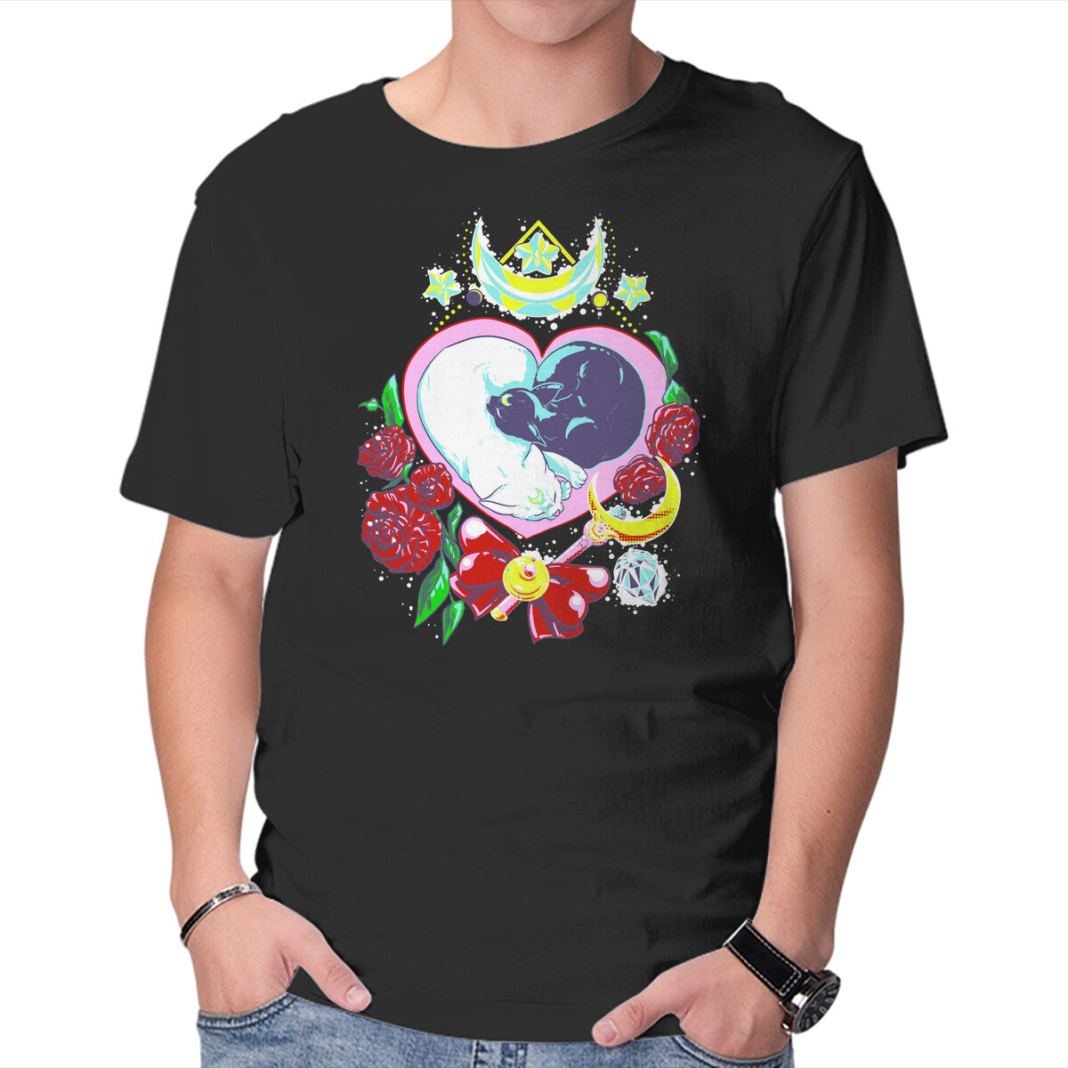 Unisex Crew Neck T-Shirt Moon Cats Love Graphic Short Sleeve Casual Tee XXXL