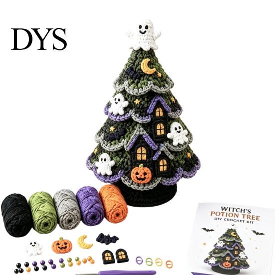 Cute Monster Tree Crochet Set Halloween Pack, DIY Yarn Craft Kit with Hooks And Step Black Cat Moon by Guide, Creative Handmade Knitting Supplies for