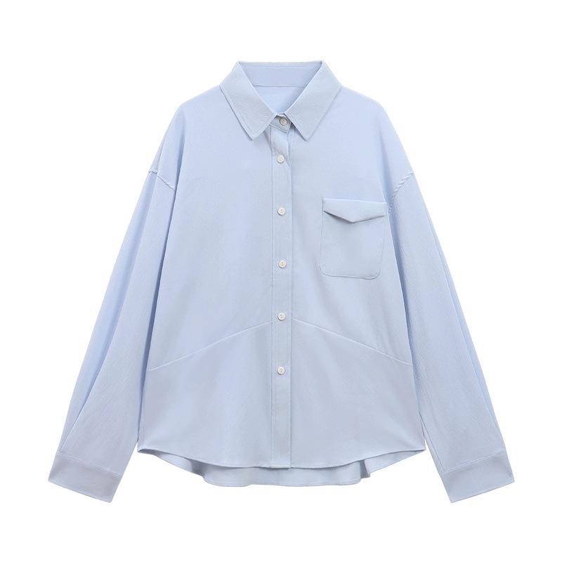 

Женская свободная синяя рубашка с длинным рукавом в стиле французский шик - коллекция осень 2025 г. Large-105 Jin