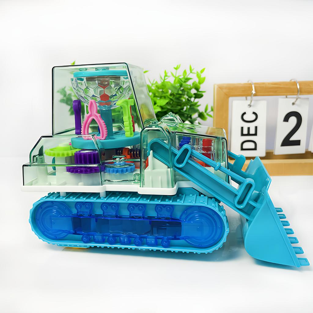 Transparent Push Bulldozer Toy Car, Toy with Light and Happy Music Functions, Automatic Shutter Function, Night Light Effect,Batteries Not Included