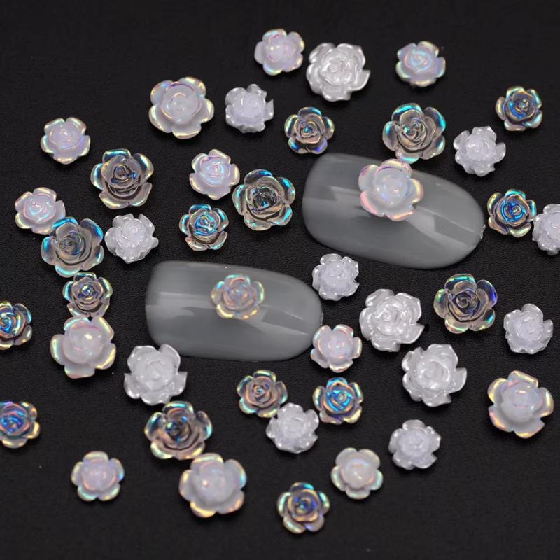 Aurora Camellia Nail Art Rhinestones 90PCS Iridescent Glossy Acrylic Resin for Wedding Nail Design DIY Manicure Decor