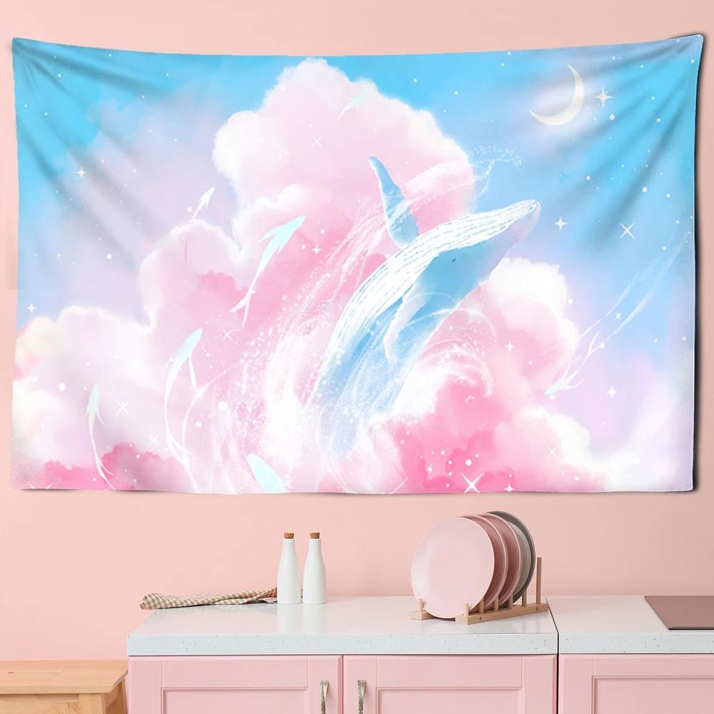Whale Pattern Hanging Cloth Cartoon Pink Purple Cloud Room Tapestry Home Decoration Bedroom Wall Background Cloth