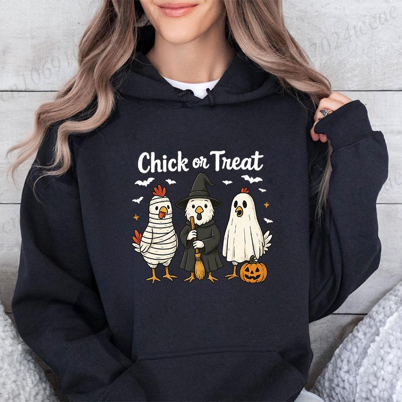 Halloween Chick or Treat Print Women  Hoodie Halloween Funny Chicken Graphic Hoodies Horror Spooky Season Sweatshirt Tops