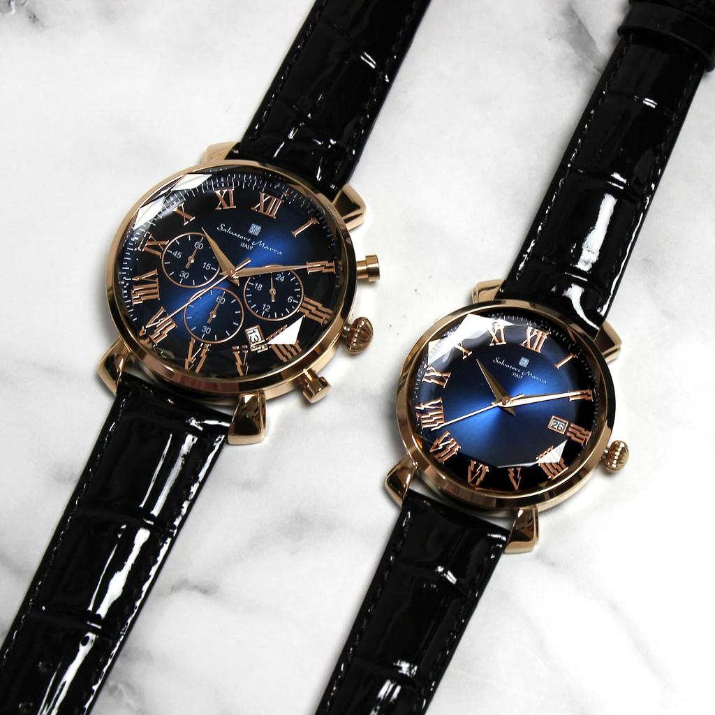 Salvatore Marra Pair Watches of Limited Leather Strap Brand Name Perfect Gift for Ages 60s Blue SM19104 SM22151 [Salvatore Marra] (Set 2) - Men's &