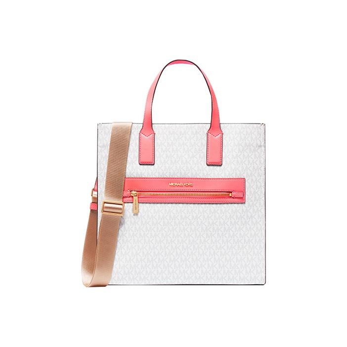 Michael Kors Mk Kenly Monogram Vertical Tote Bag Women tote bags White Watermelon-Red 35T0GY9T3B-604 Basic Set (Bag+Dust Bag)