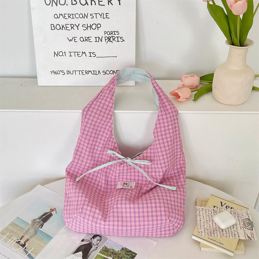 Plaid Candy Color Double Sided Women's Shoulder Bags Sweet Strap Bow Ladies Handbags Large Capacity Portable Female Underarm Bag