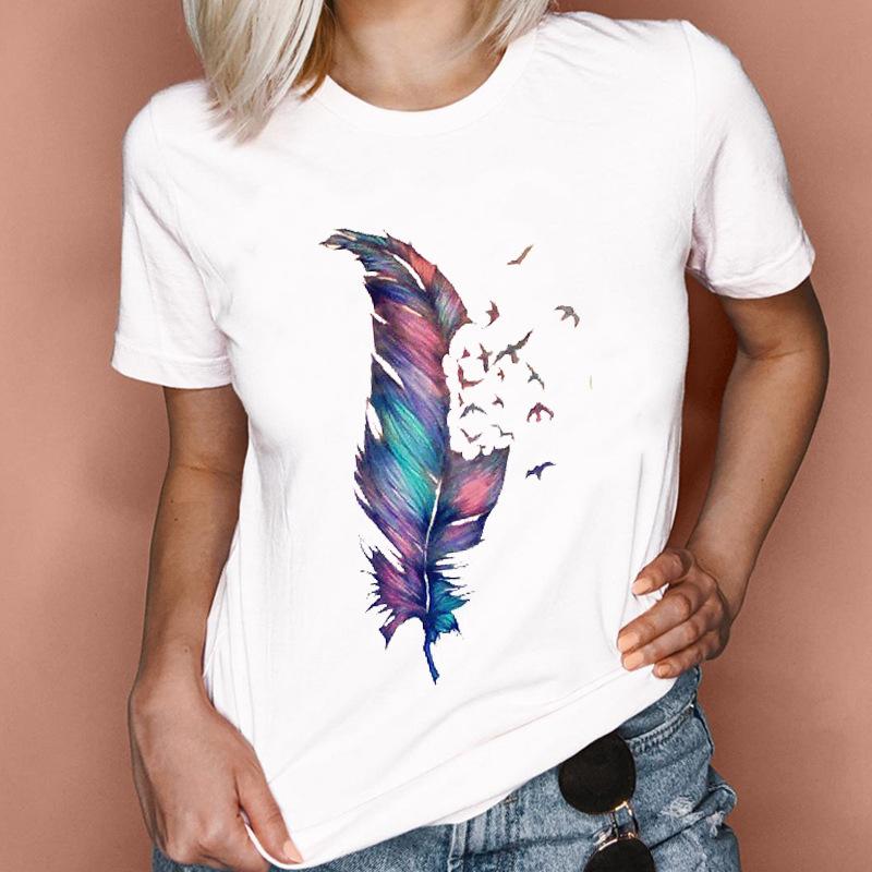Fashion Feather Graphics Women T-Shirts Summer 90S Blouse Short Sleeve Tees O-Neck Female Tops Streetwear Y2K Clothing