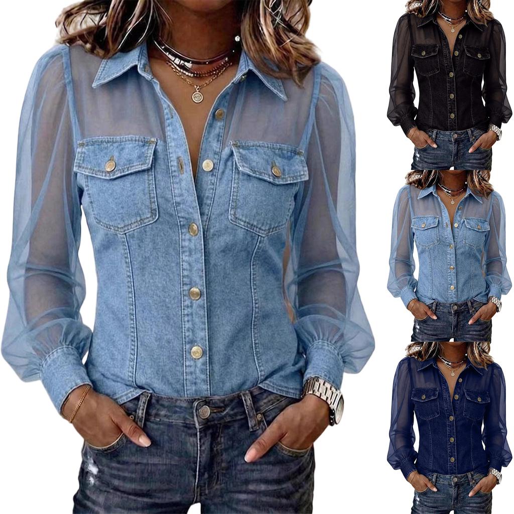 Women's Casual Patchwork Denim Long Sleeve Top