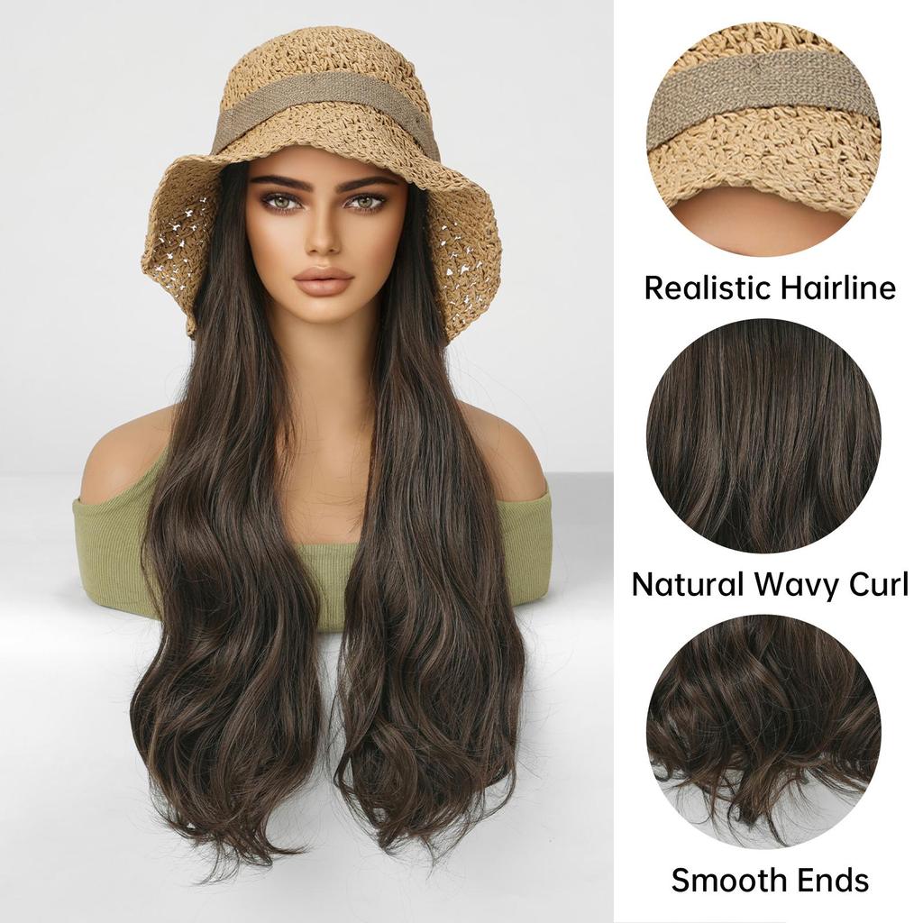 ALAN EATON Hat wigs Cap Brown Color Hair Extension Connect Summer Straw Hat for Women Heat Resistant Fiber Breathable Hat