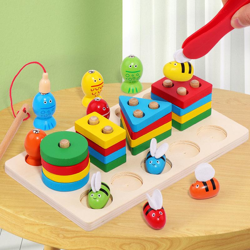 Montessori Wooden Fishing Clip Bee 3 In 1 Pillars Early Education Hand Eye Coordination Color Recognition Interactive Baby Toys