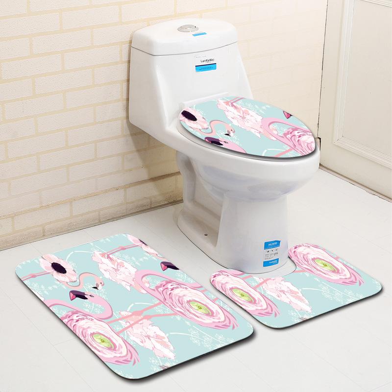 European And American Style Pink Cute Animal Flamingo Floor Mat Carpet Girl Heart Hand-Painted Illustration Toilet Three-Piece Set