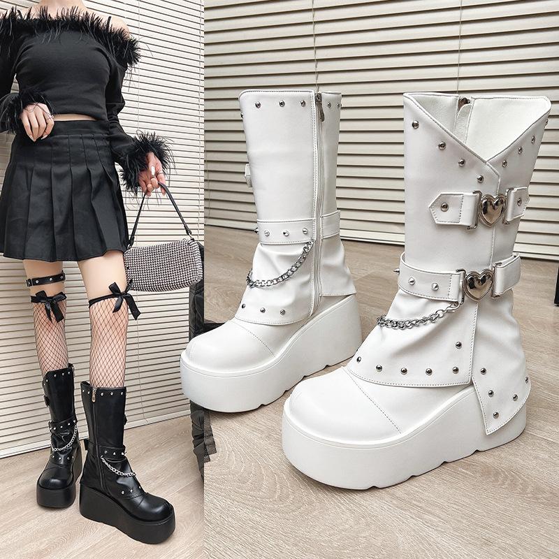 Women Boots Fashion Mid-calf Leather Boots 2025New Platform Boot Rivet Design Punk Style Boots for Women Knight Boot Botas Mujer