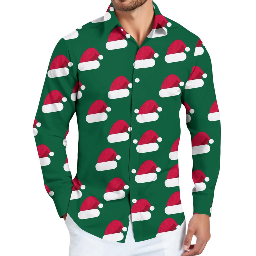 Men's Christmas Shirt Christmas Print Long Sleeve Button Shirt