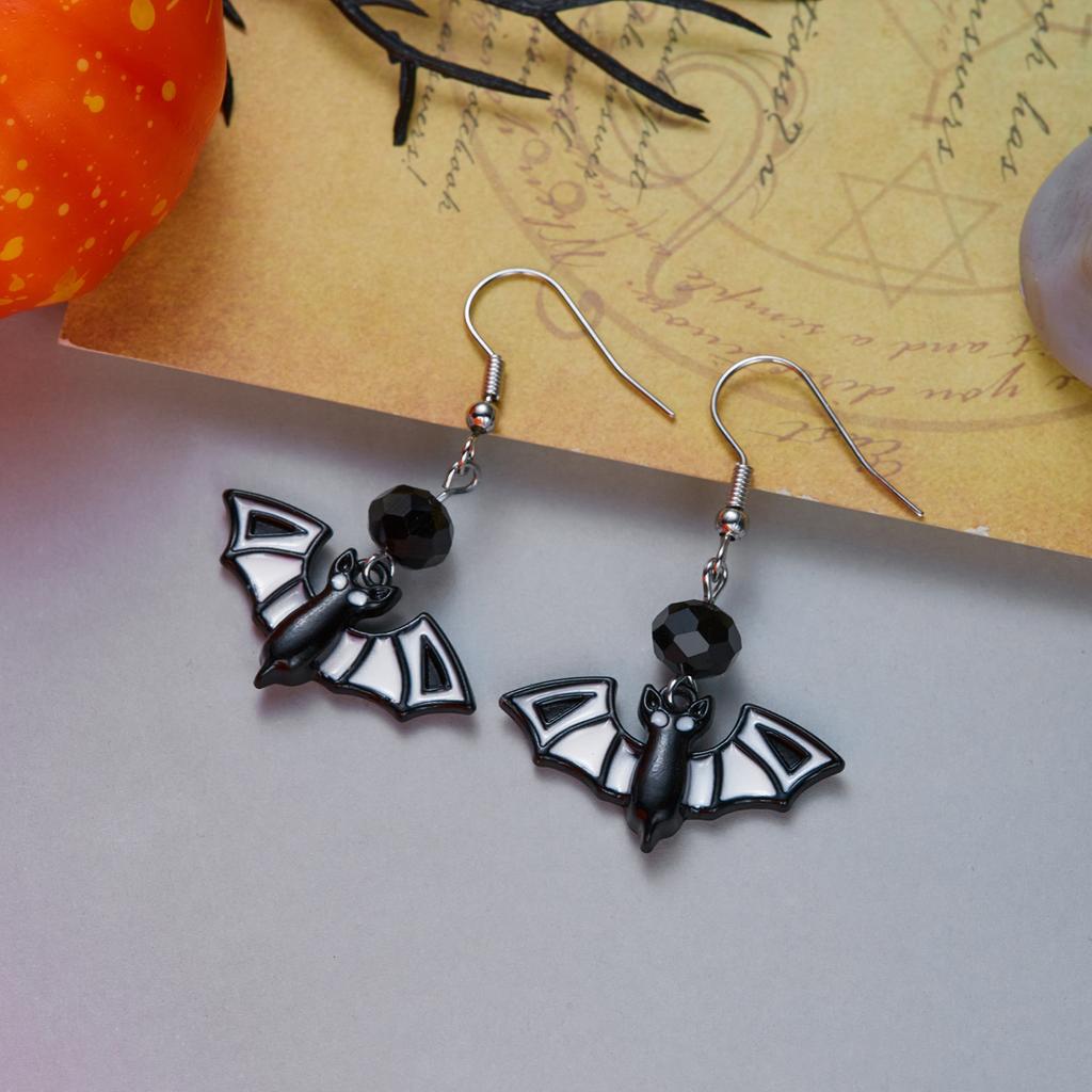 Gothic Punk Black Bat Dangle Earrings For Women Red Crystal Beads Dark Style Bat Drop  Earring Halloween Party Horror Jewelry