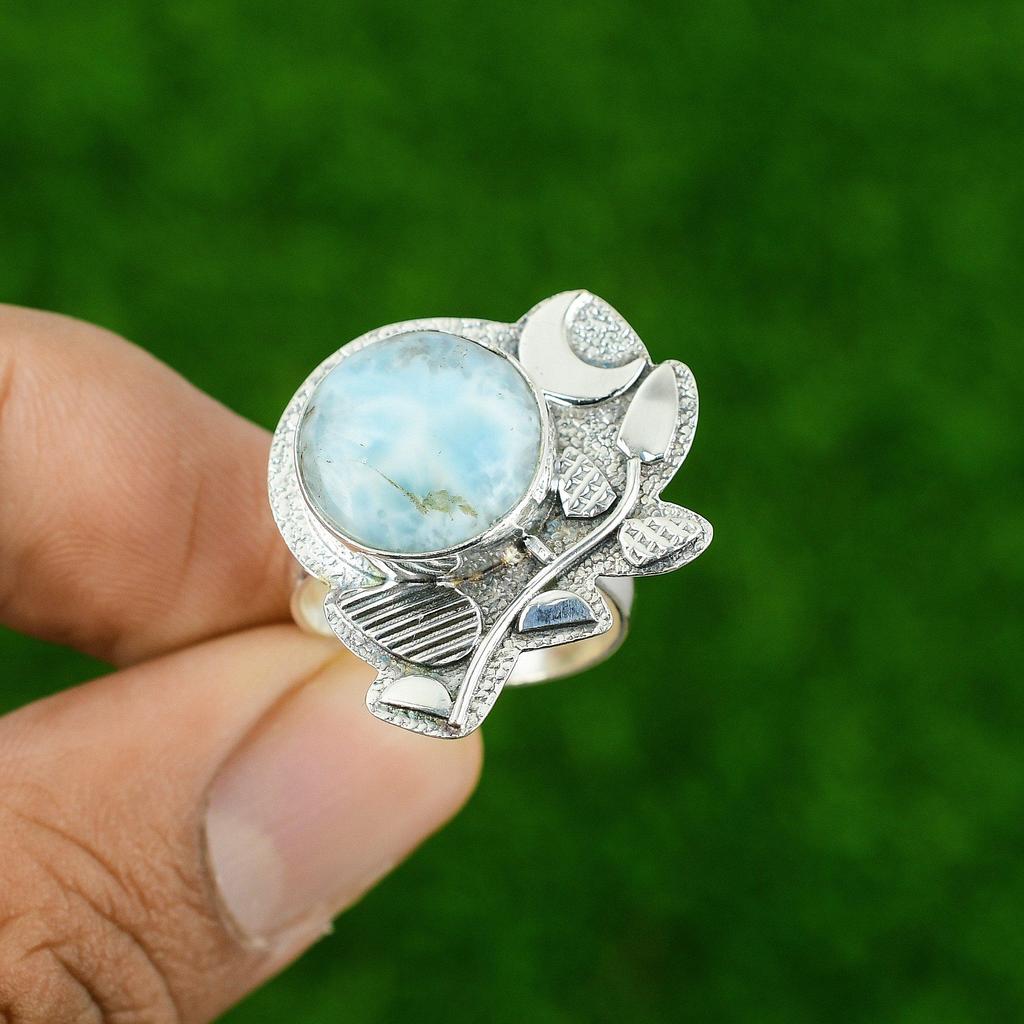 925 Sterling Silver Round Larimar Stone Unique Cescent Moon Bezel Stackable Ring
