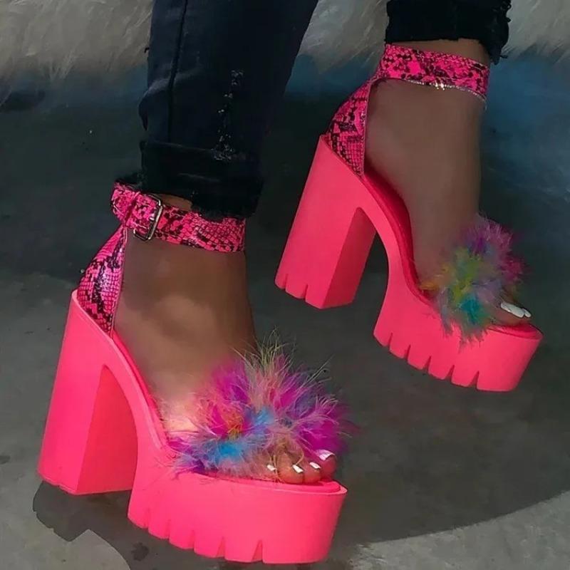 Fashion 2025 New Women Heeled Sandals Colorful Fluffy Heels for Ladies Fashion Buckle Luxury Designer Shoes for Women Sandalias De Mujer