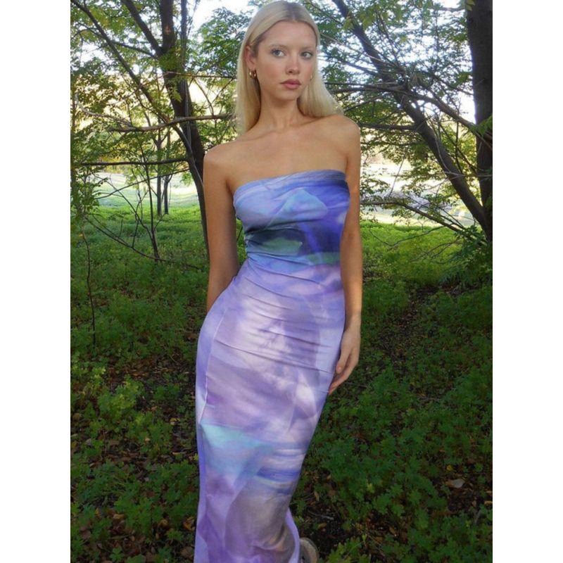 

Fashion Style Female Fashion of Which Summer New Arrival Amazon Fashion Print Silm Slim Looking Backless Tube Top Dress Purple S