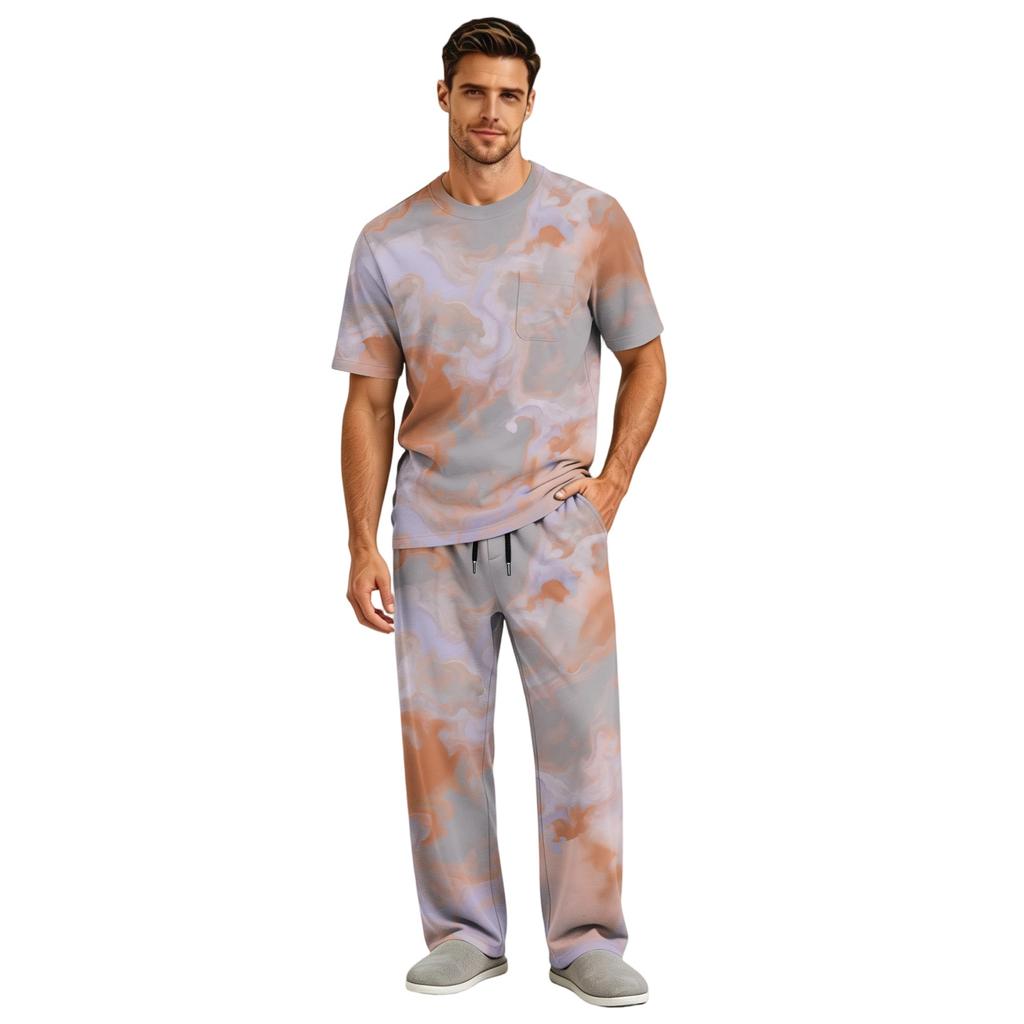 Men's Home Pajama Set, Short Sleeve Top and Long Pants with Button Fly and Drawstring Waist