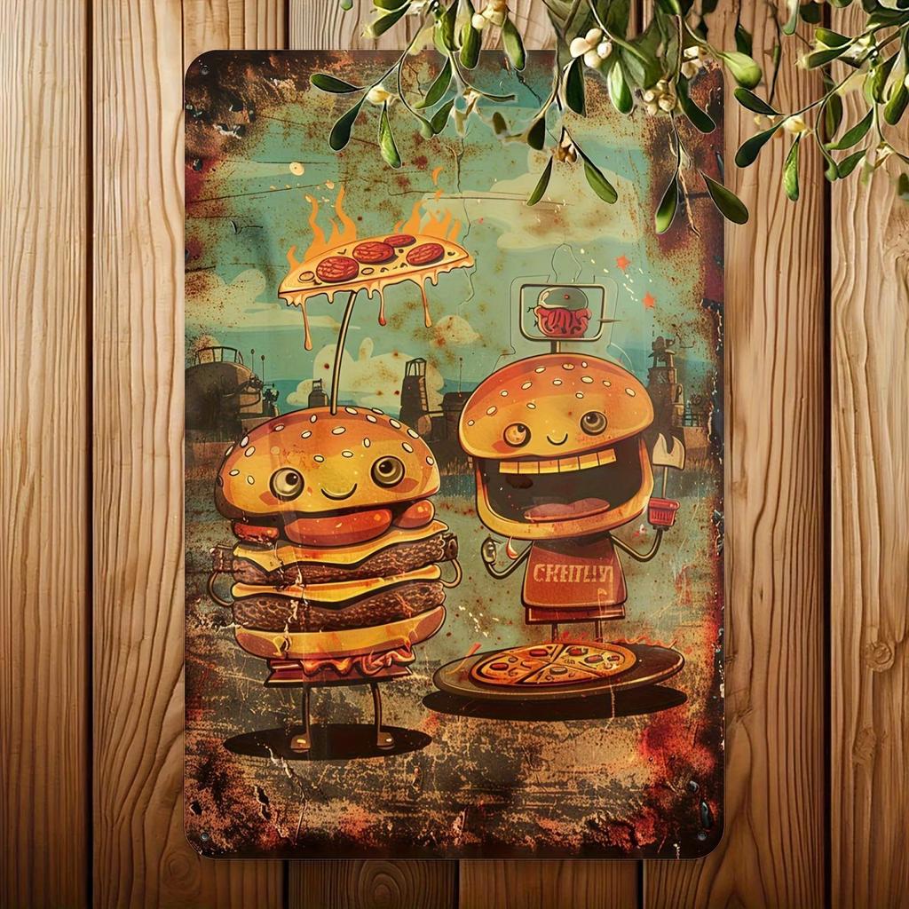 HD Metall Blechschild Niedliche Burger Pizza Cartoon Figuren Vintage Metall Wandkunst Retro Lebensmittel Thema Dekor für Küche Café