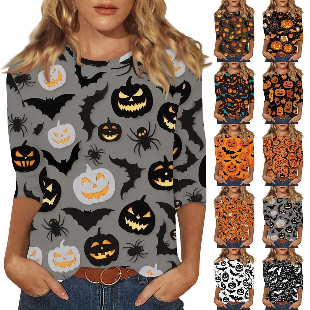 Women's Fashion Casual Three-quarter Sleeve Halloween Printed Round Neck Top