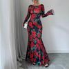 European American Round Neck Elegant Slim Long Dress Rose Flower Micro Sleeve Hip