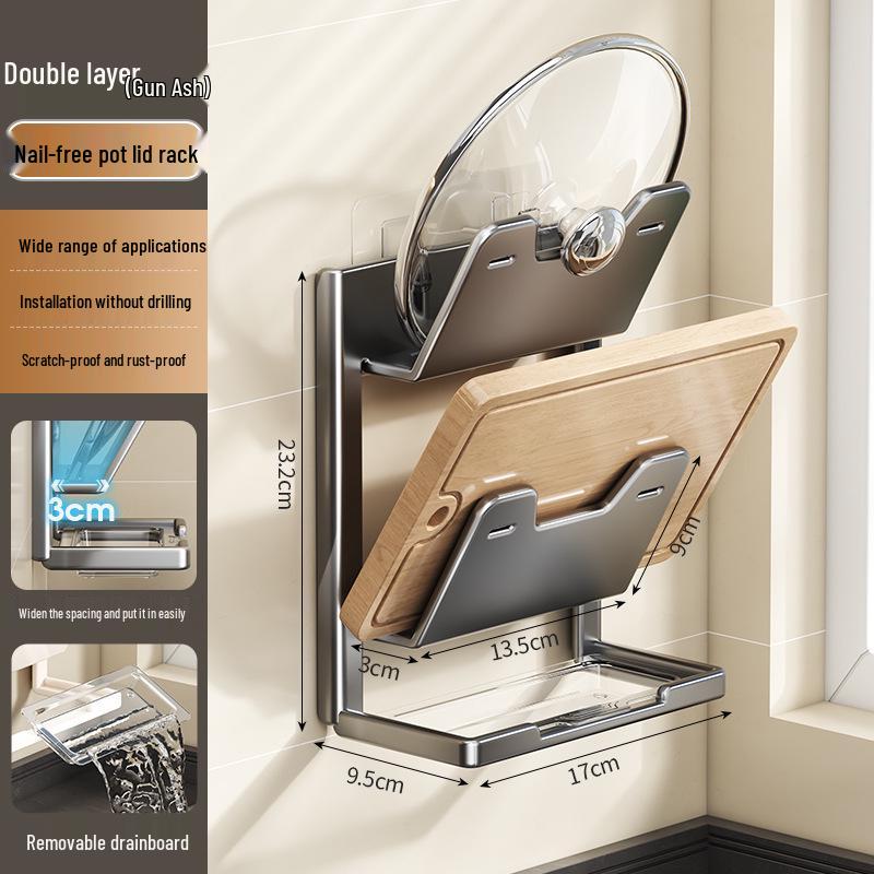 Wall-Mounted No-Drill Suction Cup Kitchen Rack for Pot Lids & Cutting Boards