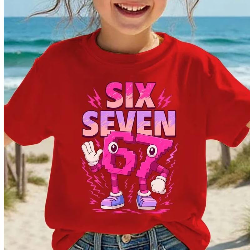 Summer Fashion Girls' Short Sleeved Children T-shirt Number Six Seven Pink Color TV Cartoon Pattern Printed Casual Versatile Top