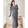 Maternity French Style Dress: Spring/Autumn Innerwear, Plus Velvet Warm, Solid Color, Round Neck, Belly Support, Slimming