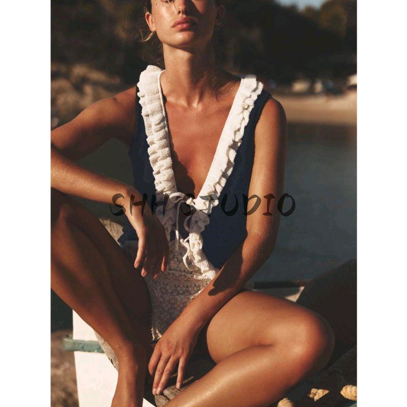 Summer New Product Women Clothes Holiday Style Bow Lace-up Contrast Color Laminated Decoration Sleeveless Top 8779636