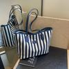 Large Capacity Shoulder Bag Zipper Shopping Handbag Simple Stripe Canvas Tote Bag  Girls