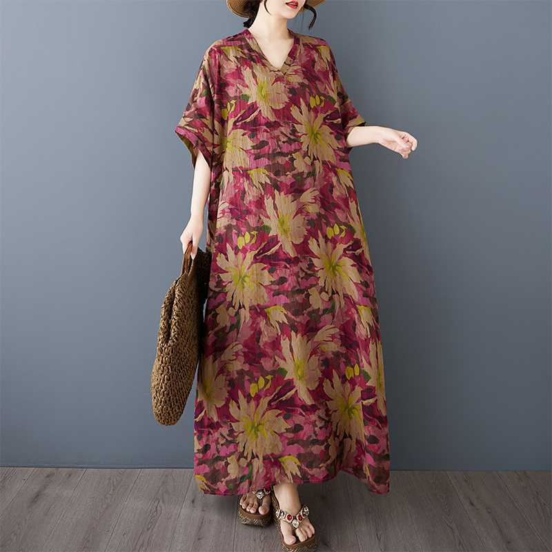

V-neck Retro Long Skirt Cotton Linen Dress One Size