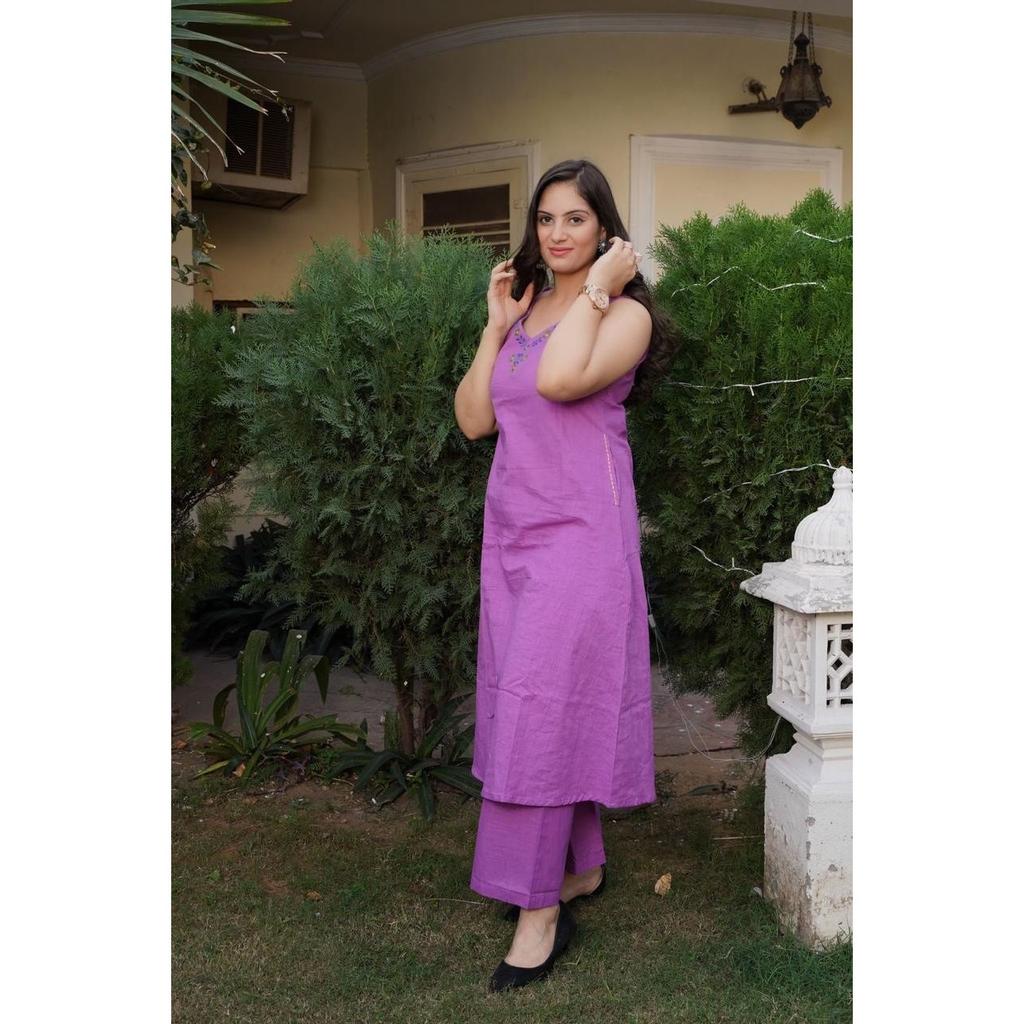 Women's Sleeveless Pure Cotton Kurta Set Indian Top Tunic Kurti Palazzo Set