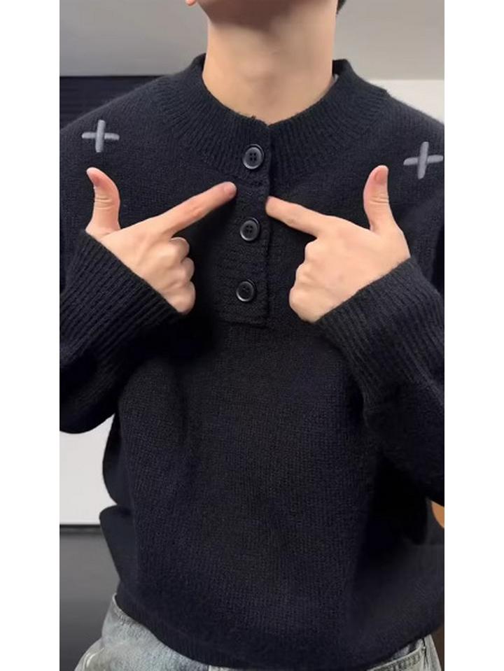 Men's Black Embroidered Henley Sweater - Cozy, High-End Knitwear for Autumn/Winter, Perfect Solo or as a Layer