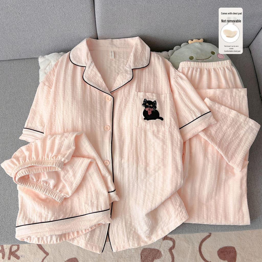 Women's Summer Cartoon Pajama Set: Short-Sleeved, Thin, 3-Piece with Chest Pads Suitable for Home or Outdoor Wear