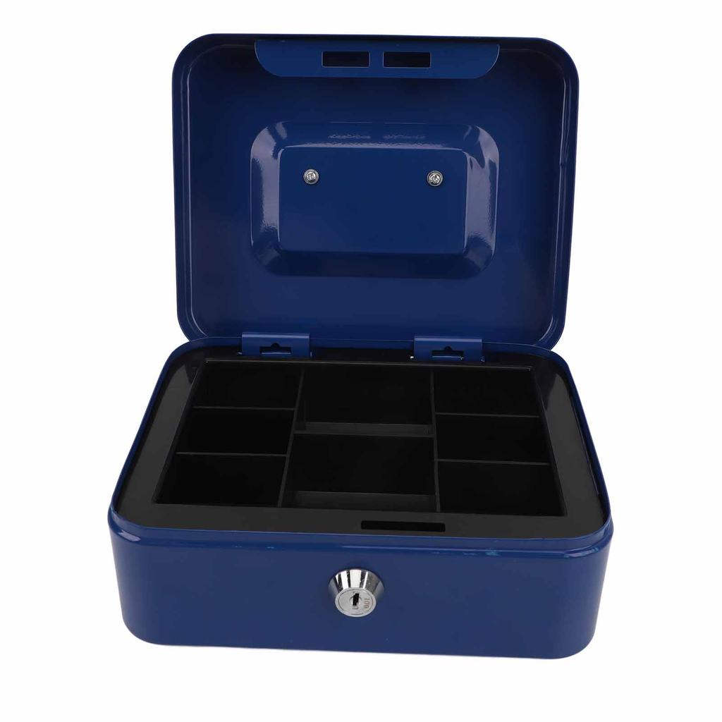 Liten låsbar kontantboks Bærbar dobbeltlags sikker metallpengekasse for hjem og kontor Blå