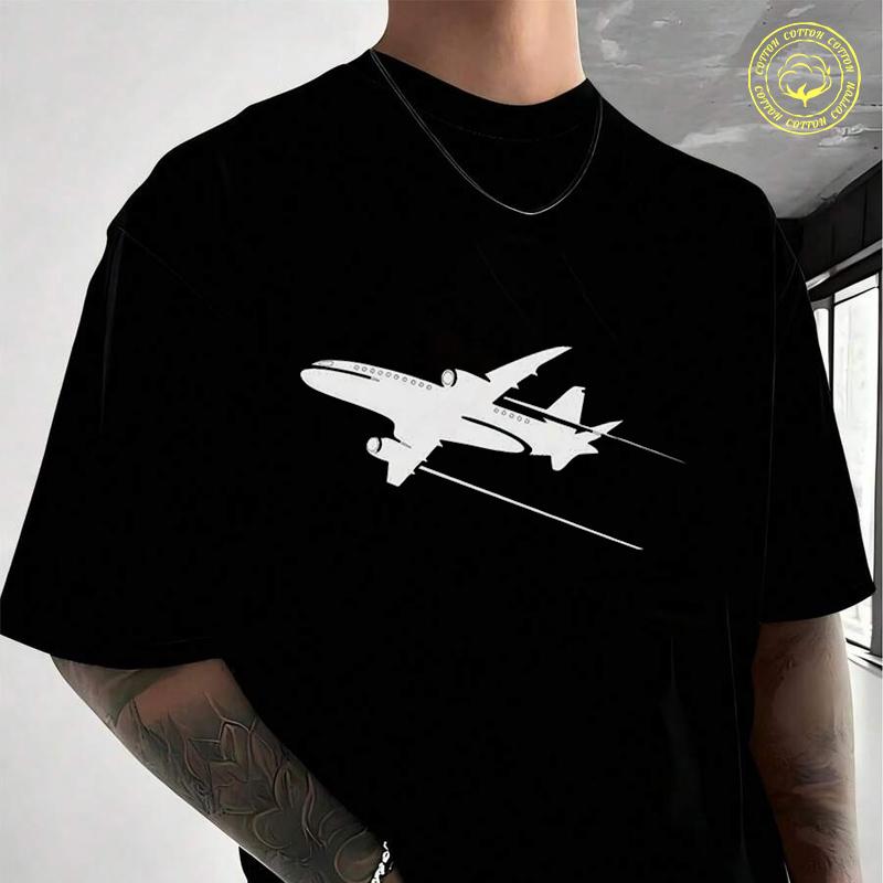Leisure Airplane Print Men's Moto Casual T-Shirt Fashionable Street Suitable For Travel And Spo