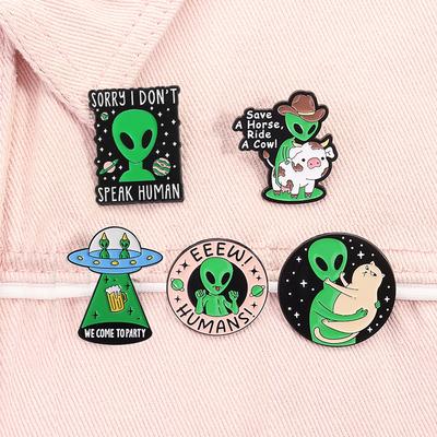 ET Alien Enamel Pin UFO We Come To Party Save A Horse Ride A Cow Funny Cowboy Western Brooches Lapel Backpack Badge Jewelry Gift