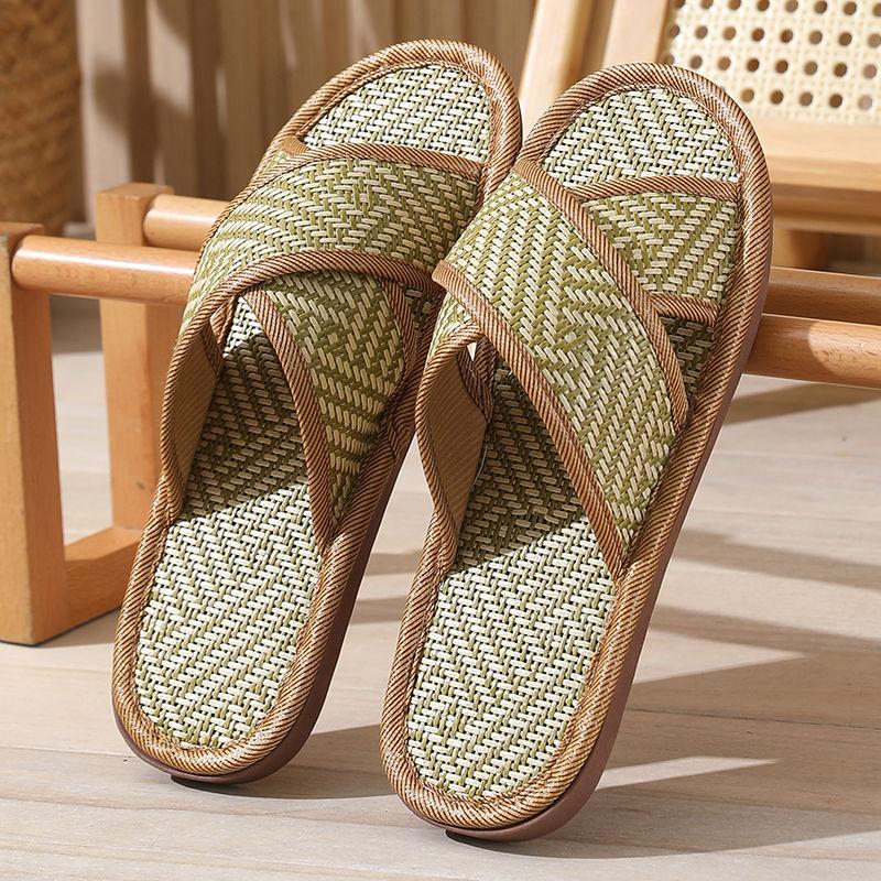 Cross Woven Bamboo Linen Indoor Home Thick Bottom Anti Slip Home Couple Floor Slippers