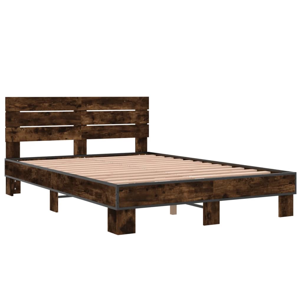 Bed Frame Smoked Oak 140 X 200 Cm Wood Based Material and Metal