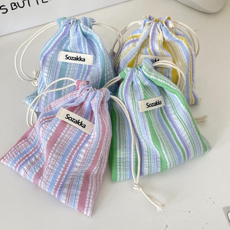 Cute Striped Polyester Drawstring Pouch Travel Makeup Organizer Bag for Cosmetic Lipstick Key Credit Card Holder Case Coin Purse