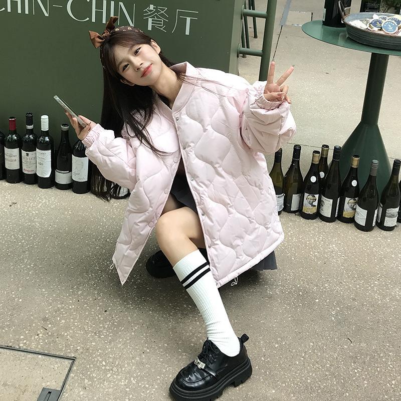 

Down cotton clothes for women s autumn and winter new lazy wind rhombus loose and thin small thickened cotton clothes trendy S